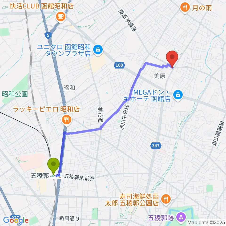 B.FACE MUSICの最寄駅五稜郭駅からの徒歩ルート（約40分）地図