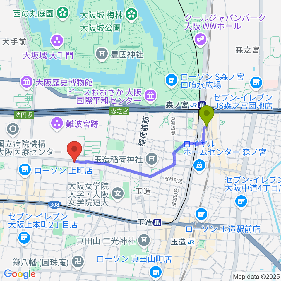 森ノ宮駅からBlue10へのルートマップ地図