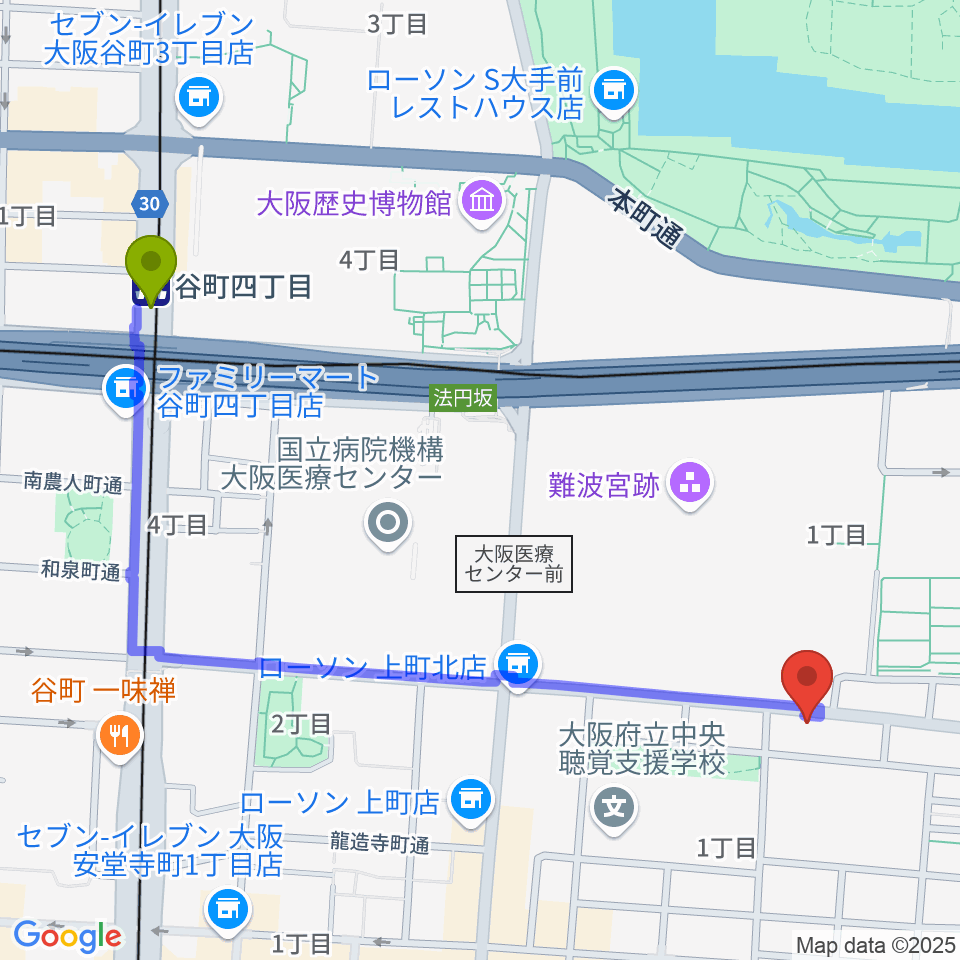 Blue10の最寄駅谷町四丁目駅からの徒歩ルート（約13分）地図