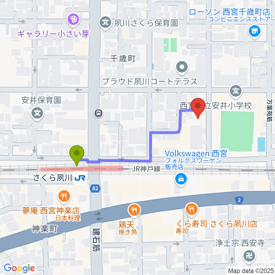 ブレーメンの最寄駅さくら夙川駅からの徒歩ルート（約4分）地図