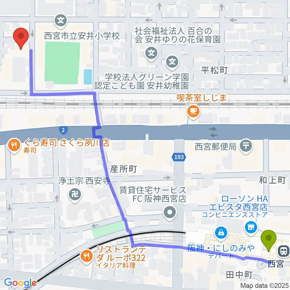 西宮駅からブレーメンへのルートマップ地図