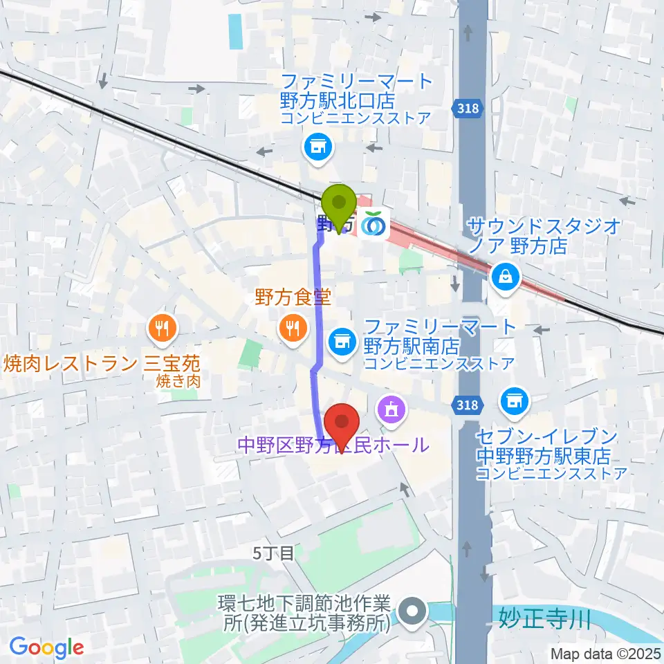 Custom Shop CANOPUSの最寄駅野方駅からの徒歩ルート（約3分）地図