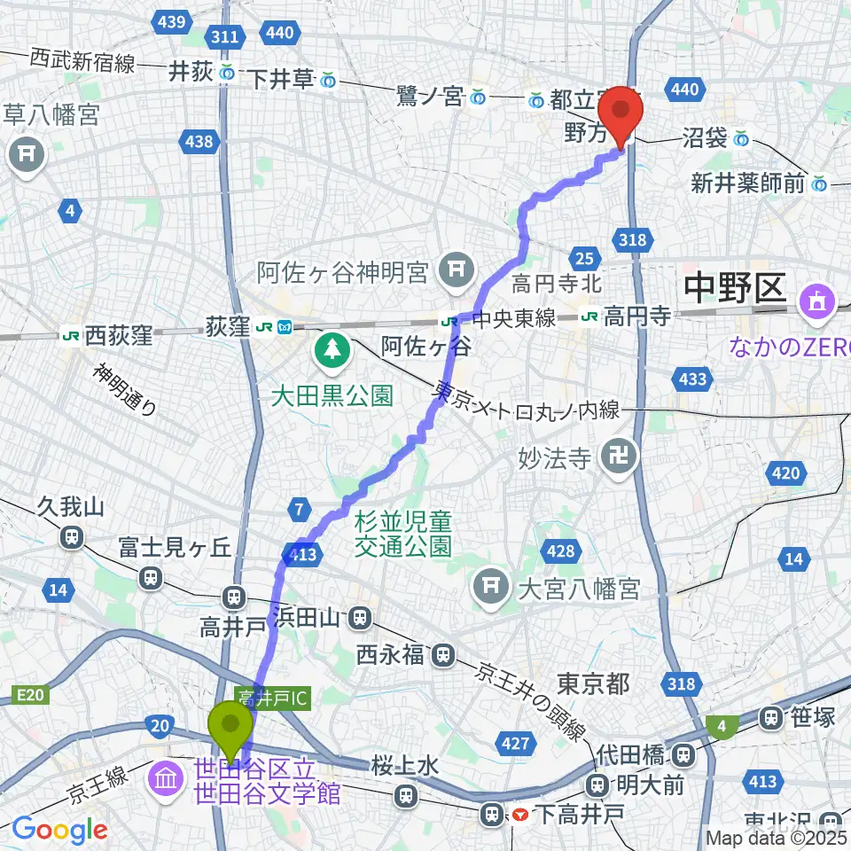 八幡山駅からCustom Shop CANOPUSへのルートマップ地図