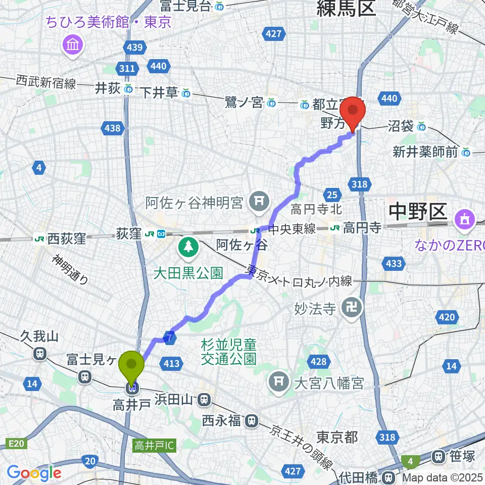 高井戸駅からCustom Shop CANOPUSへのルートマップ地図