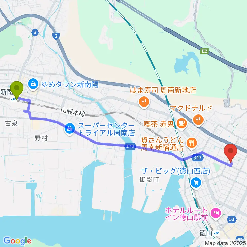 新南陽駅から竹勇尺八工房へのルートマップ地図