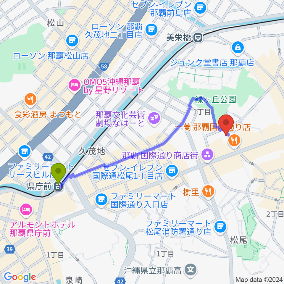 県庁前駅からちんだみ三線店 沖縄本店へのルートマップ地図