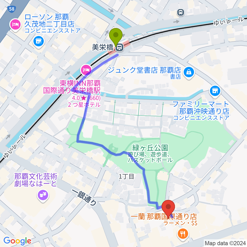 ちんだみ三線店 沖縄本店の最寄駅美栄橋駅からの徒歩ルート（約6分）地図