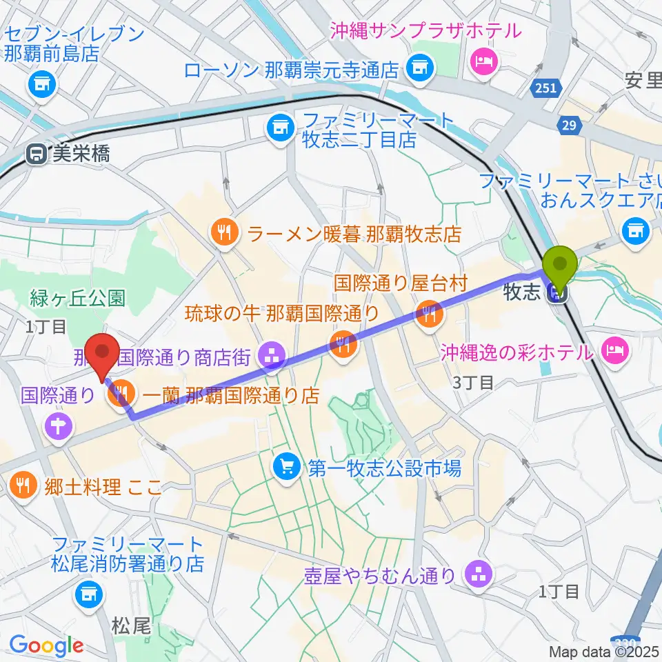 牧志駅からちんだみ三線店 沖縄本店へのルートマップ地図