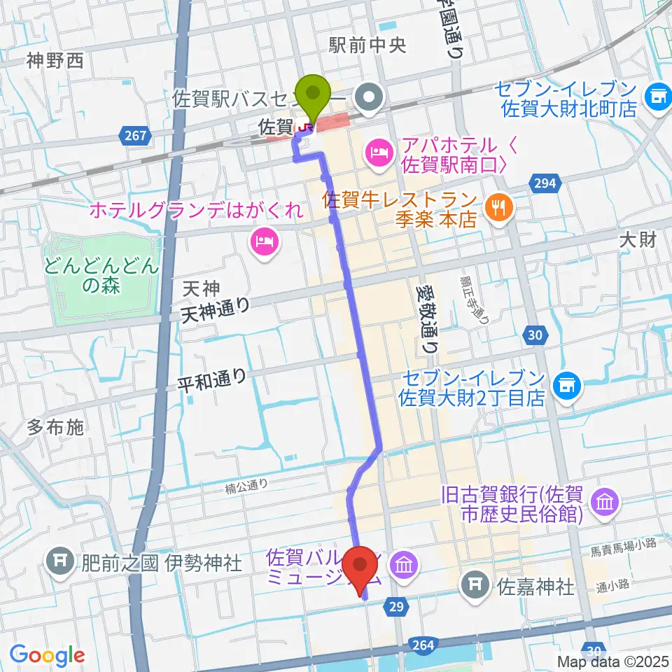 中央楽器 佐賀本店の最寄駅佐賀駅からの徒歩ルート（約22分）地図