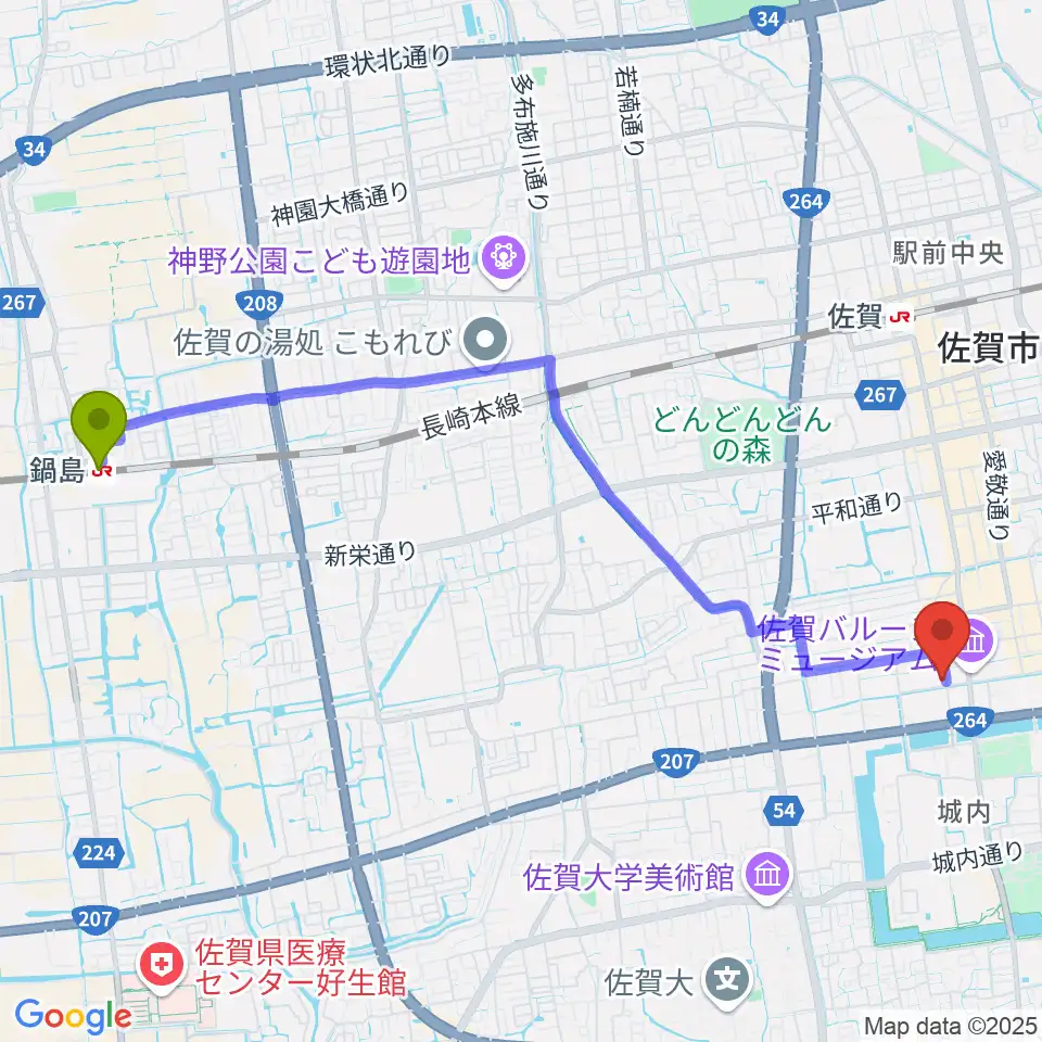 鍋島駅から中央楽器 佐賀本店へのルートマップ地図