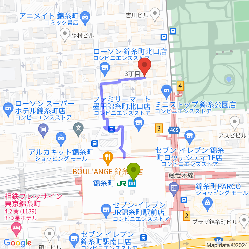 ザ・クラリネットショップの最寄駅錦糸町駅からの徒歩ルート（約3分）地図