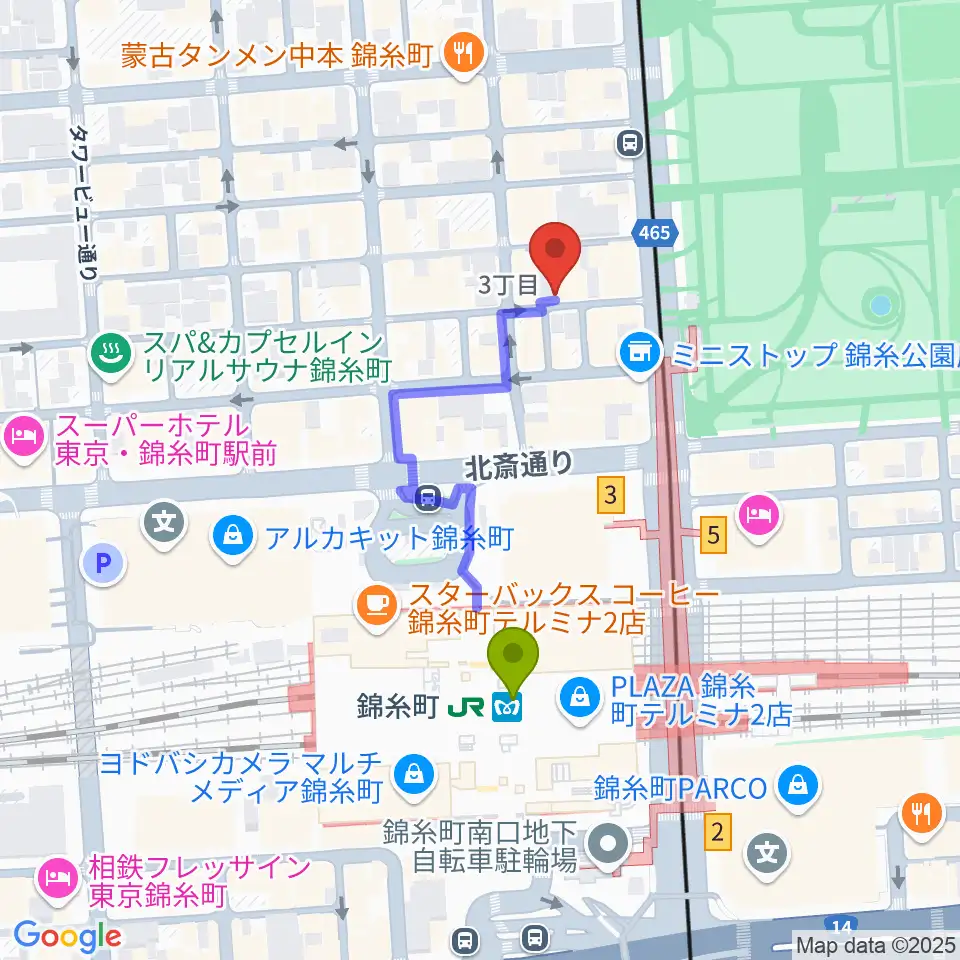 ザ・クラリネットショップの最寄駅錦糸町駅からの徒歩ルート（約3分）地図