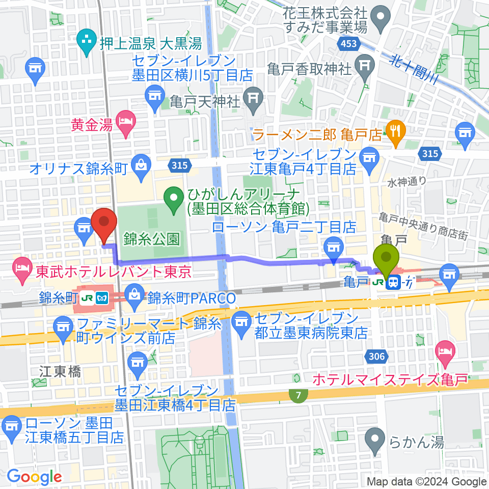 亀戸駅からザ・クラリネットショップへのルートマップ地図