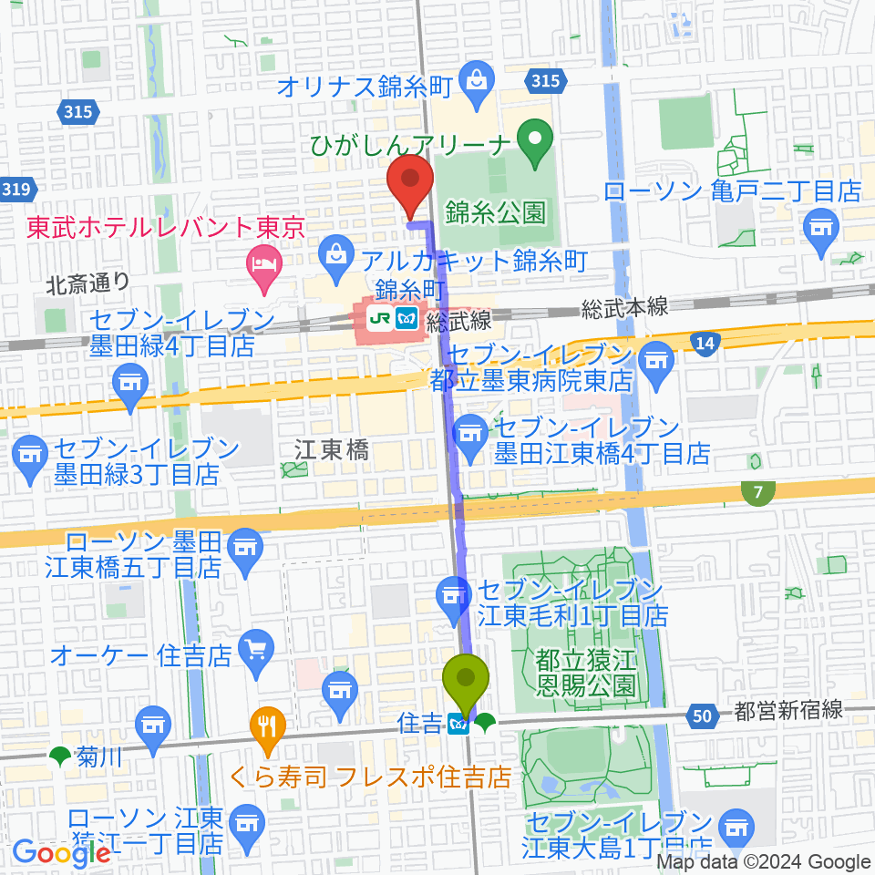 住吉駅からザ クラリネット ショップへのルートマップ Mdata