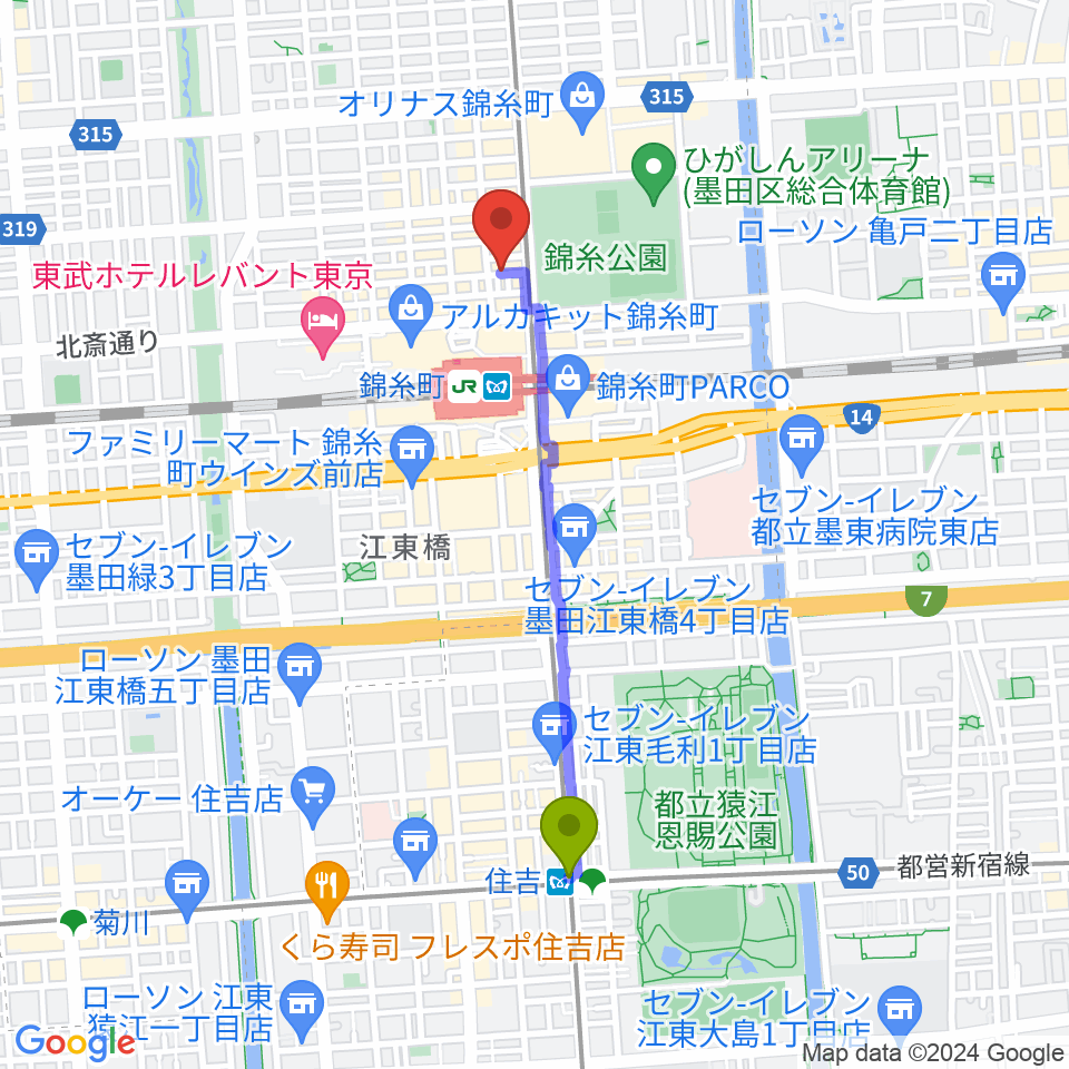 住吉駅からザ・クラリネットショップへのルートマップ地図