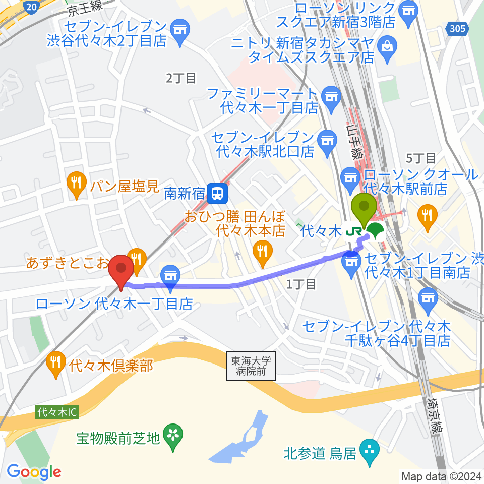 代々木駅から弦楽器工房高崎へのルートマップ地図