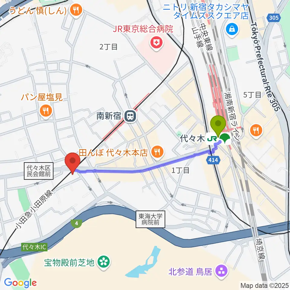 代々木駅から弦楽器工房高崎へのルートマップ地図