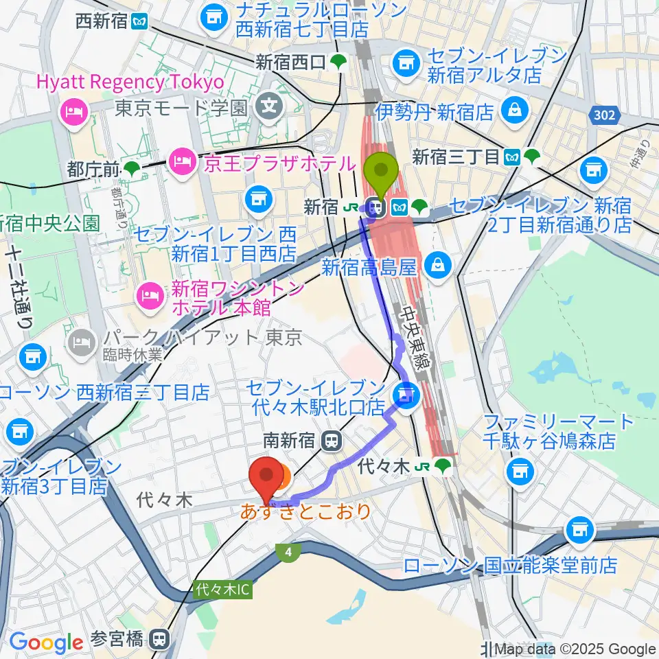 新宿駅から弦楽器工房高崎へのルートマップ地図