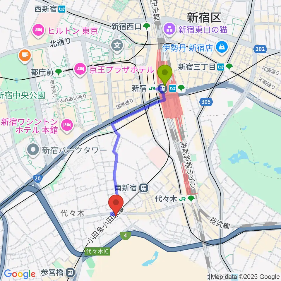 新宿駅から弦楽器工房高崎へのルートマップ地図
