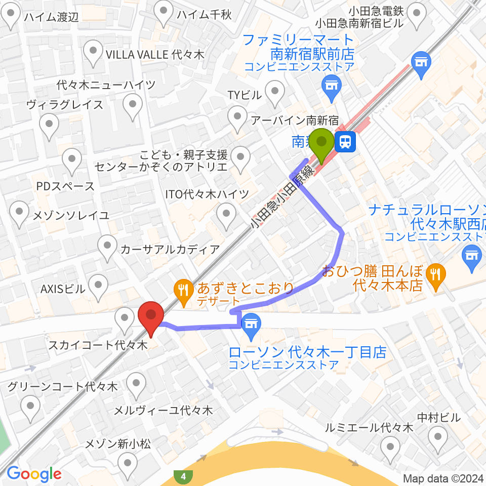 弦楽器工房高崎の最寄駅南新宿駅からの徒歩ルート（約4分）地図