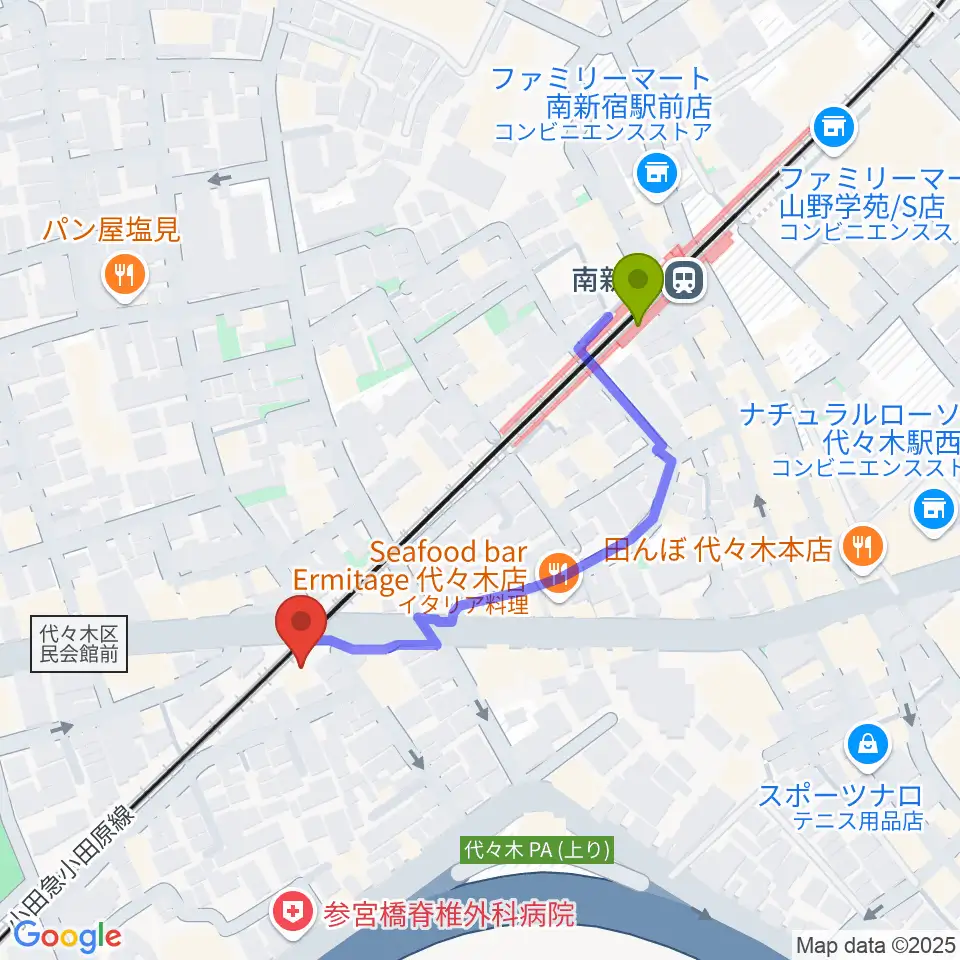 弦楽器工房高崎の最寄駅南新宿駅からの徒歩ルート（約4分）地図