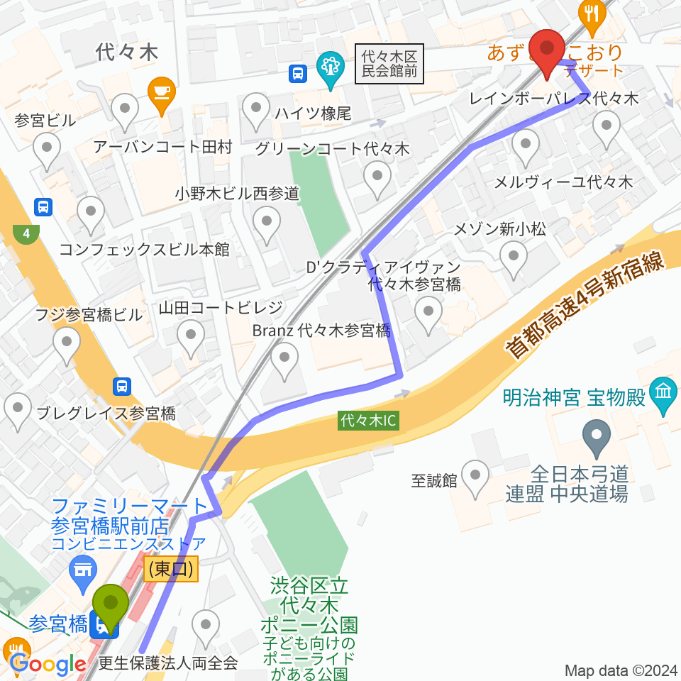 参宮橋駅から弦楽器工房高崎へのルートマップ地図