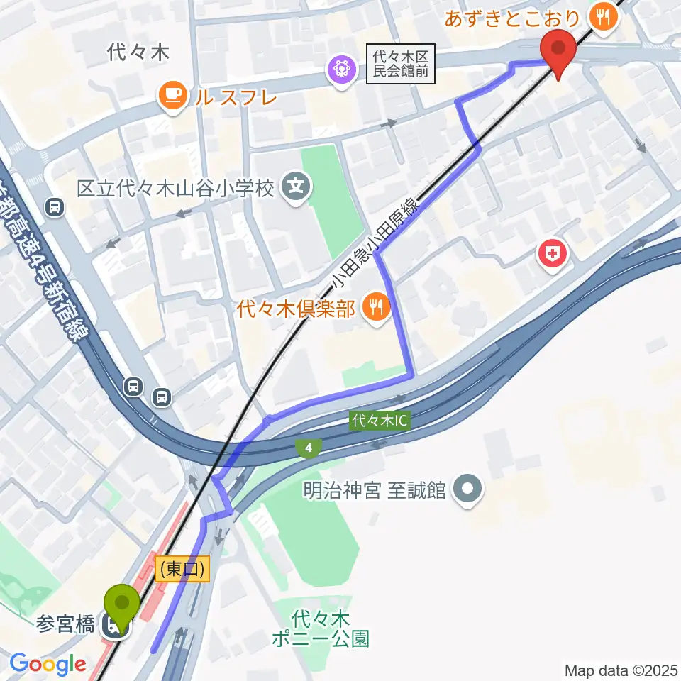 参宮橋駅から弦楽器工房高崎へのルートマップ地図