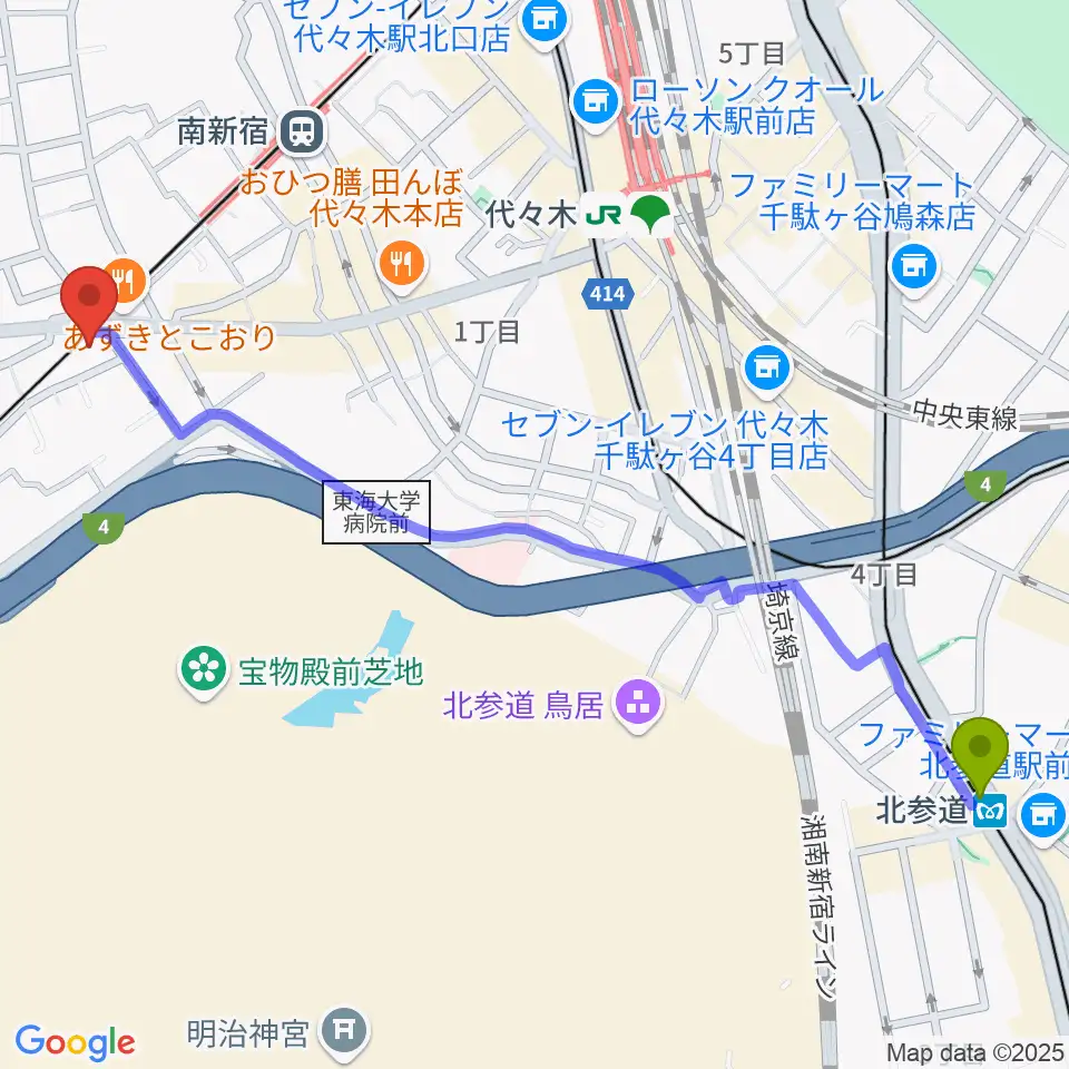 北参道駅から弦楽器工房高崎へのルートマップ地図