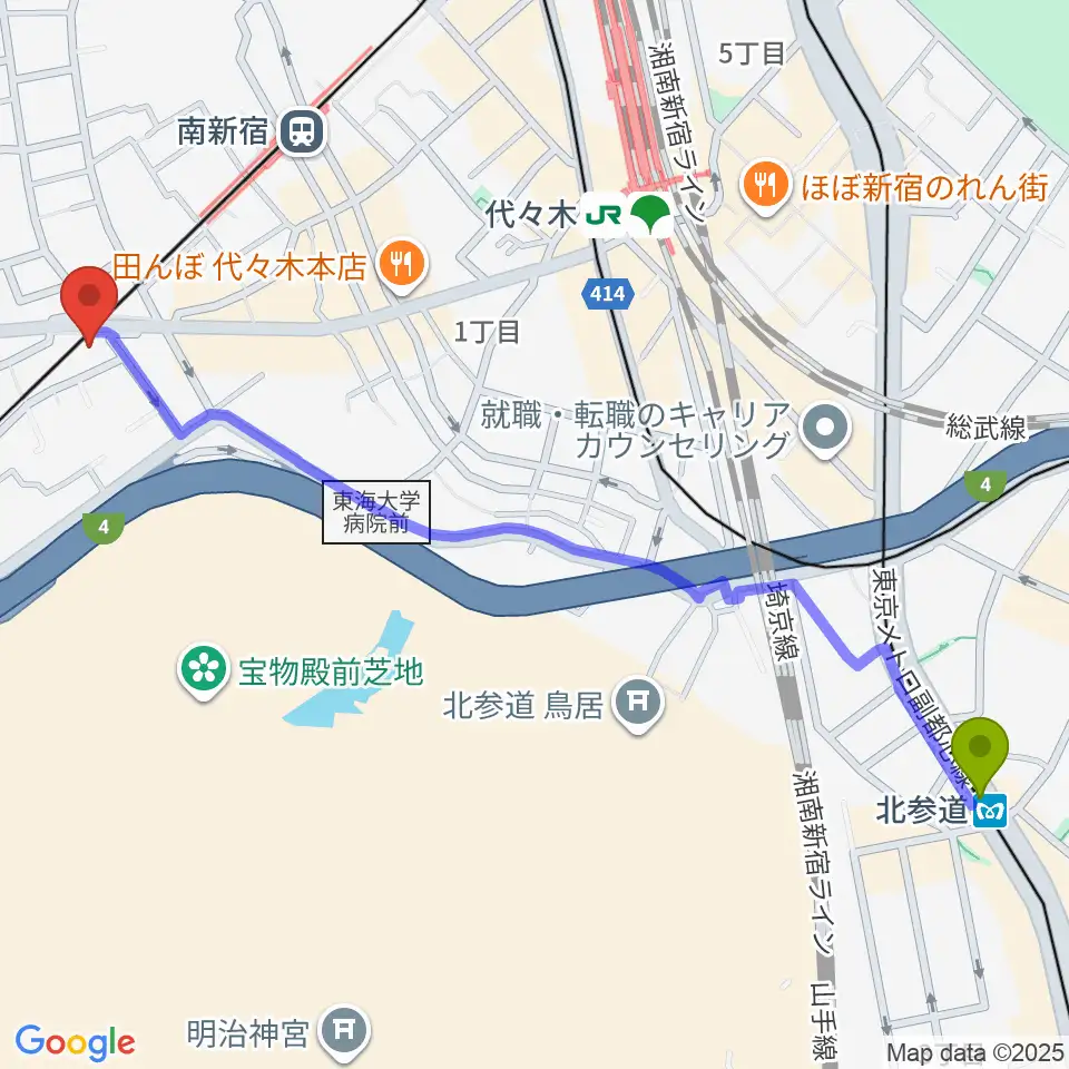 北参道駅から弦楽器工房高崎へのルートマップ地図