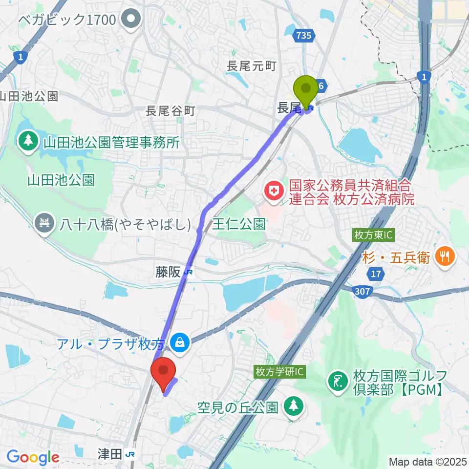 長尾駅からバイオリン工房クレモナ 枚方工房へのルートマップ地図