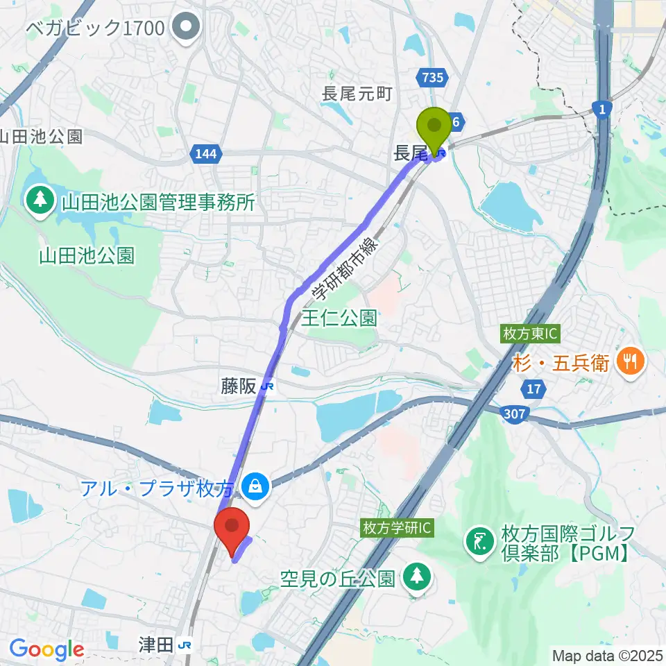 長尾駅からバイオリン工房クレモナへのルートマップ地図
