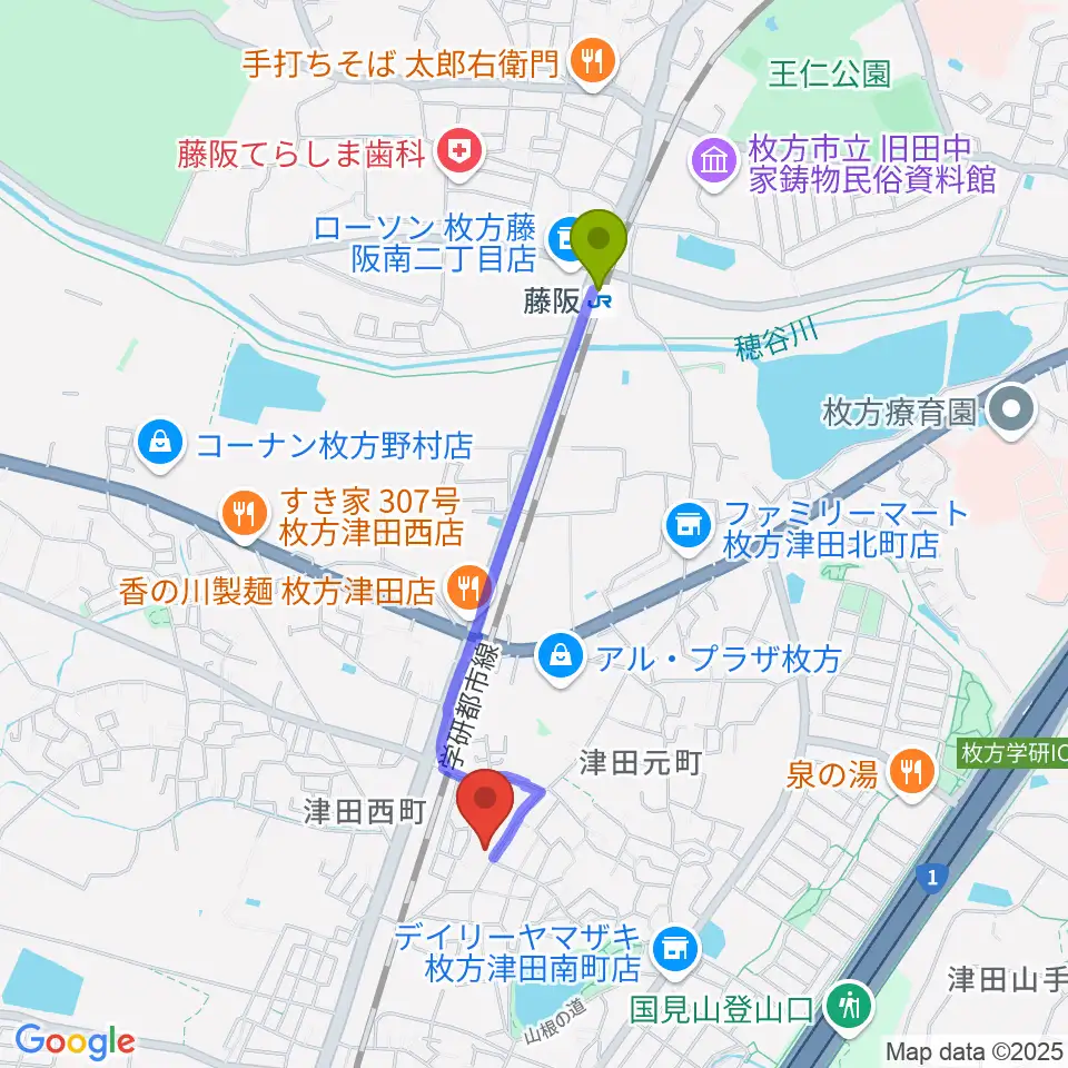 藤阪駅からバイオリン工房クレモナ 枚方工房へのルートマップ地図