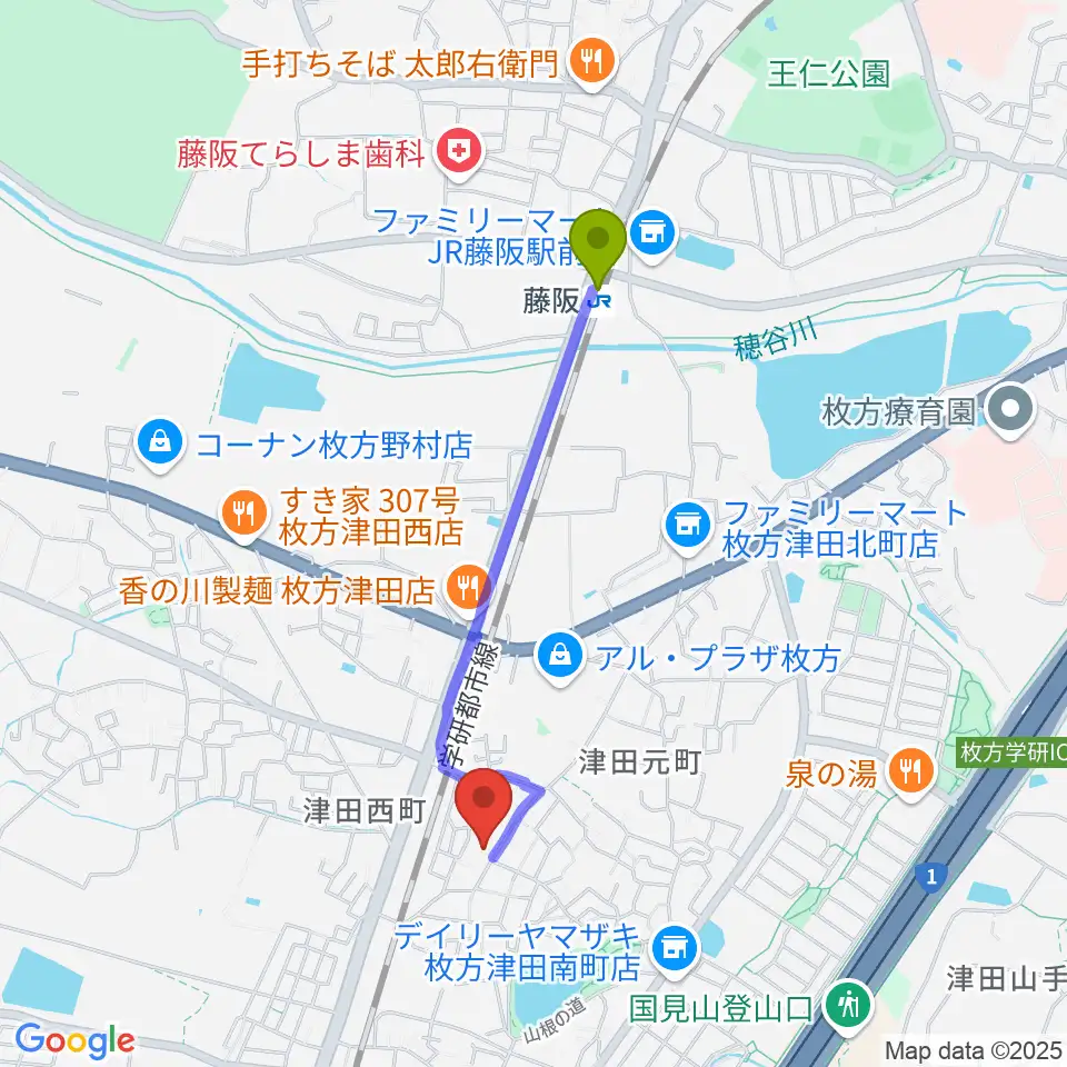 藤阪駅からバイオリン工房クレモナへのルートマップ地図