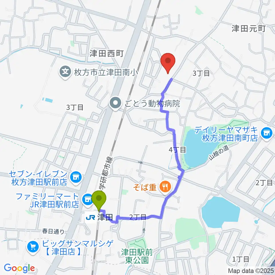 バイオリン工房クレモナの最寄駅津田駅からの徒歩ルート（約9分）地図