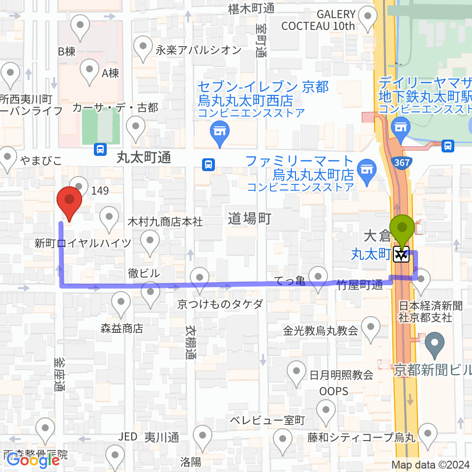 ライトニンの最寄駅丸太町駅からの徒歩ルート（約6分）地図