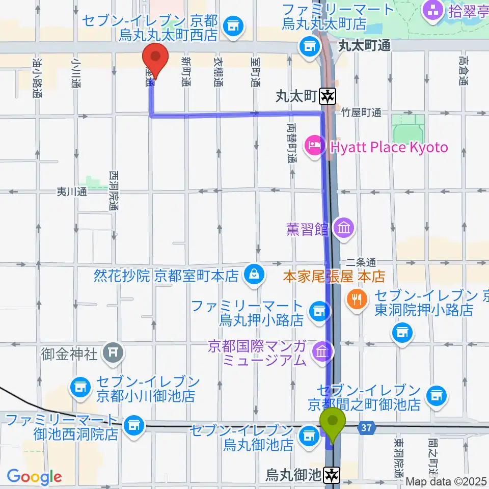 烏丸御池駅からライトニンへのルートマップ地図