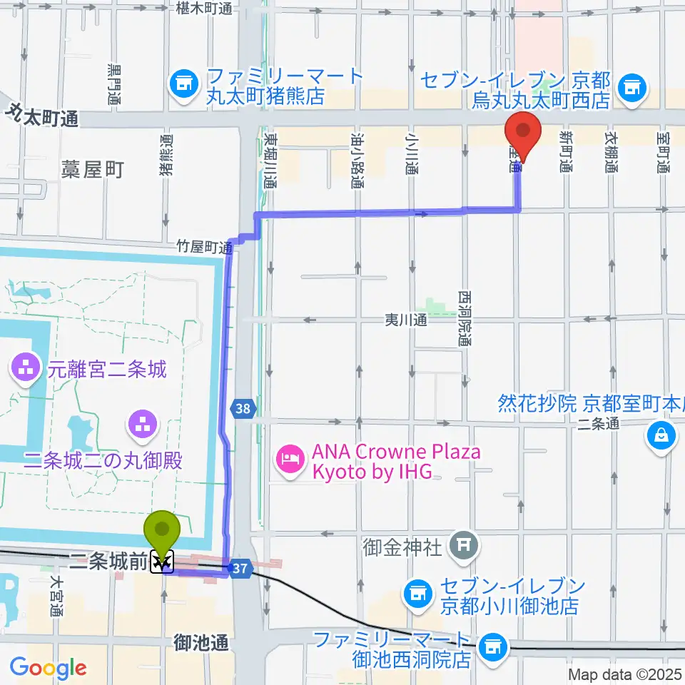 二条城前駅からライトニンへのルートマップ地図
