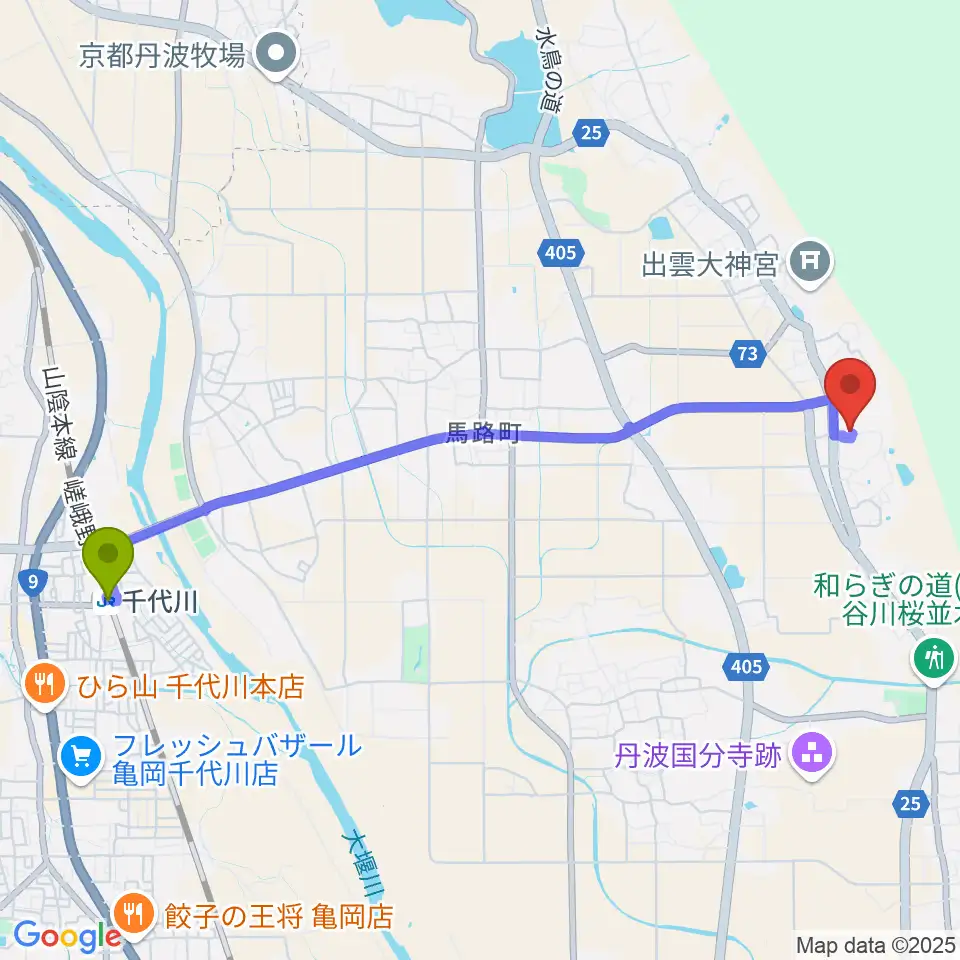 Helena Guitarの最寄駅千代川駅からの徒歩ルート（約50分）地図