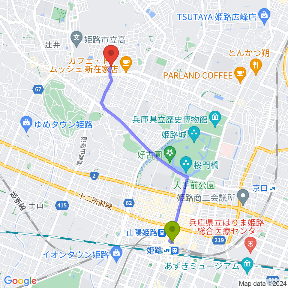 姫路駅から小池ピアノ調律所へのルートマップ地図