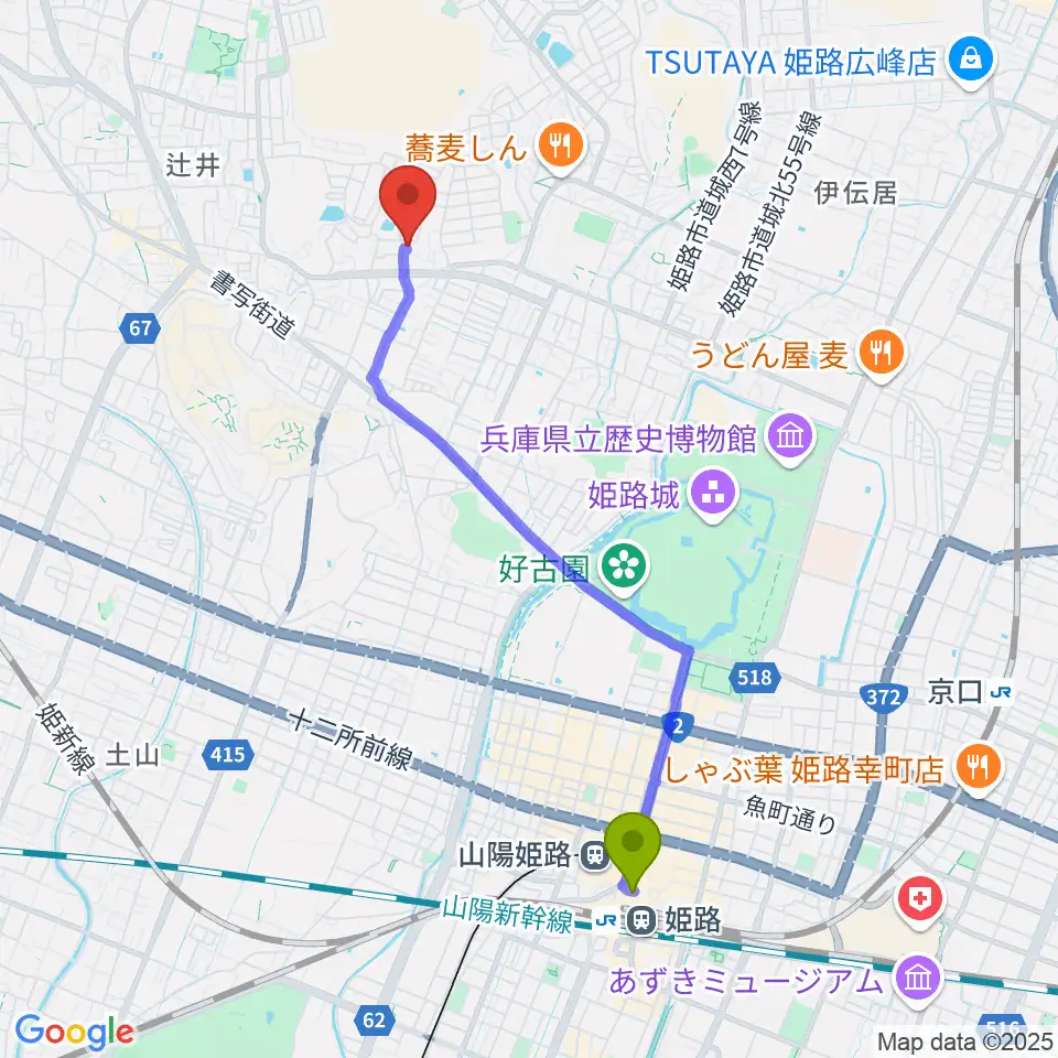 姫路駅から小池ピアノ調律所へのルートマップ地図