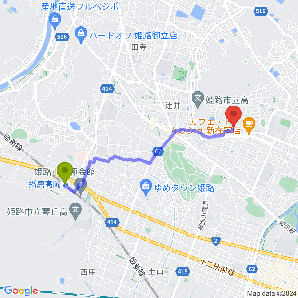 小池ピアノ調律所の最寄駅播磨高岡駅からの徒歩ルート（約37分）地図