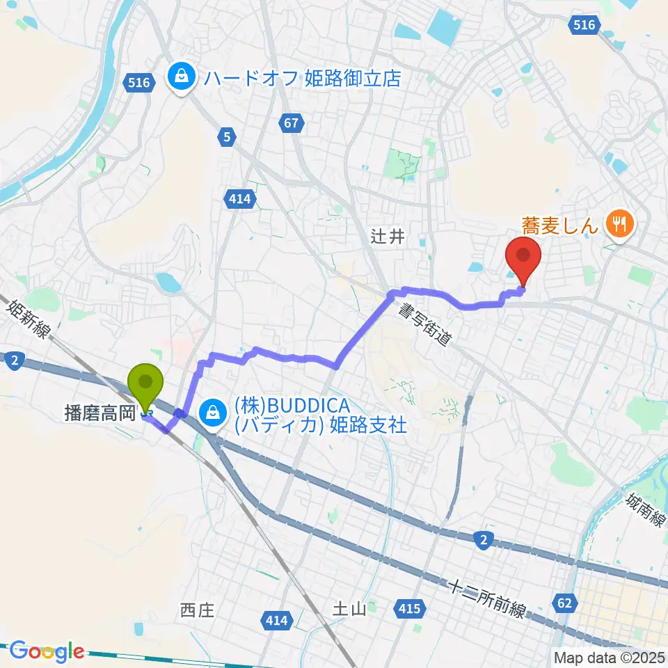 小池ピアノ調律所の最寄駅播磨高岡駅からの徒歩ルート（約37分）地図