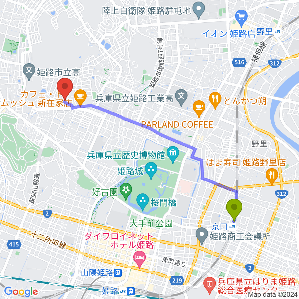 京口駅から小池ピアノ調律所へのルートマップ地図