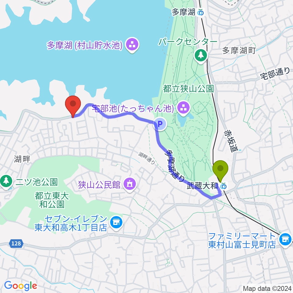 ガレリアコントラバッソの最寄駅武蔵大和駅からの徒歩ルート（約17分）地図