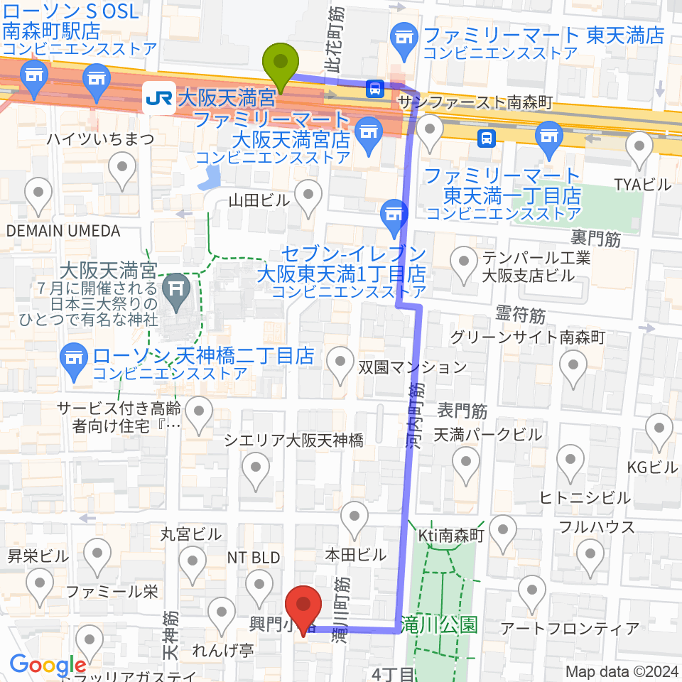 アトリエやまぐちの最寄駅大阪天満宮駅からの徒歩ルート（約6分）地図