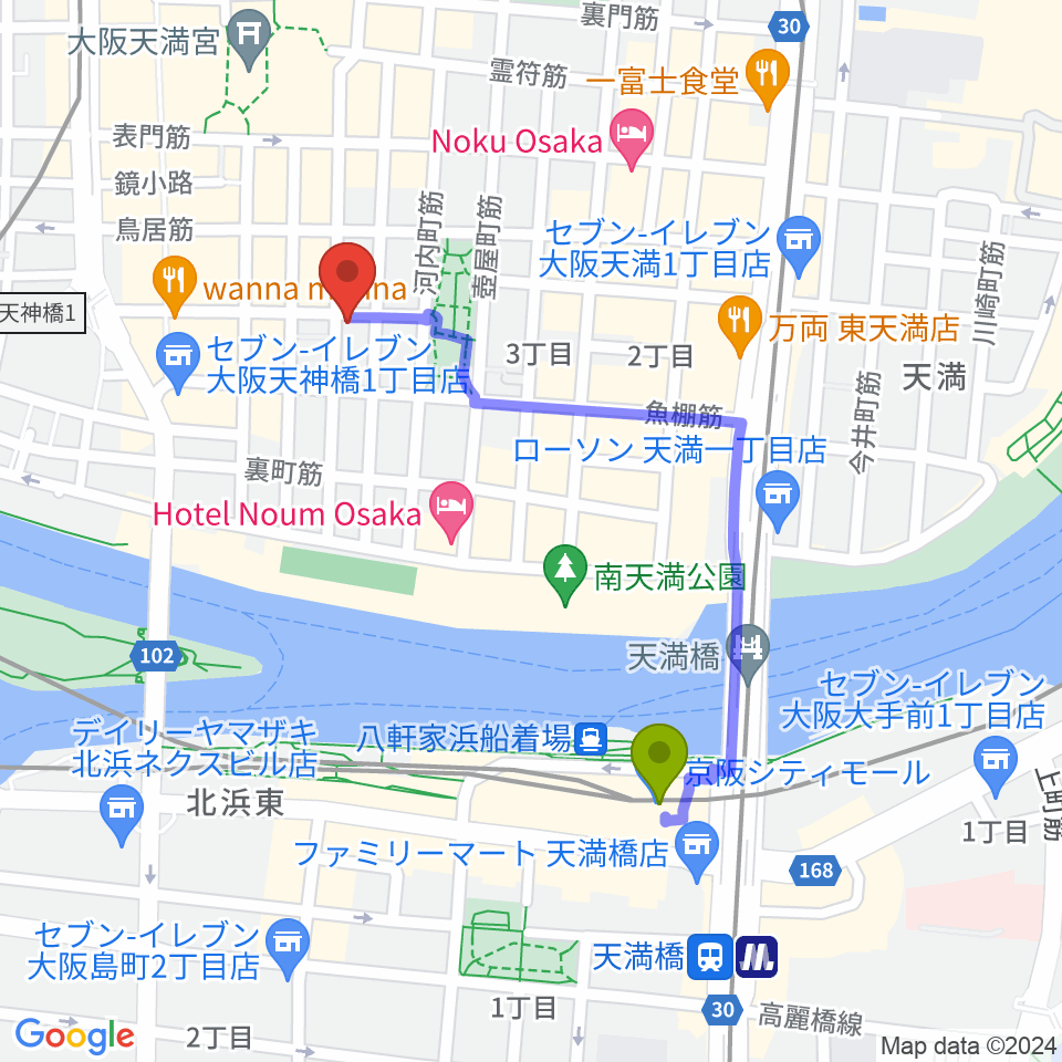 天満橋駅からアトリエやまぐちへのルートマップ地図