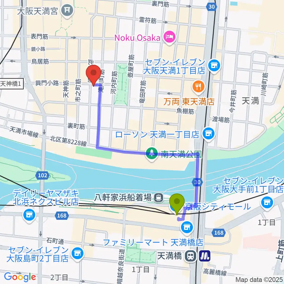 天満橋駅からアトリエやまぐちへのルートマップ地図