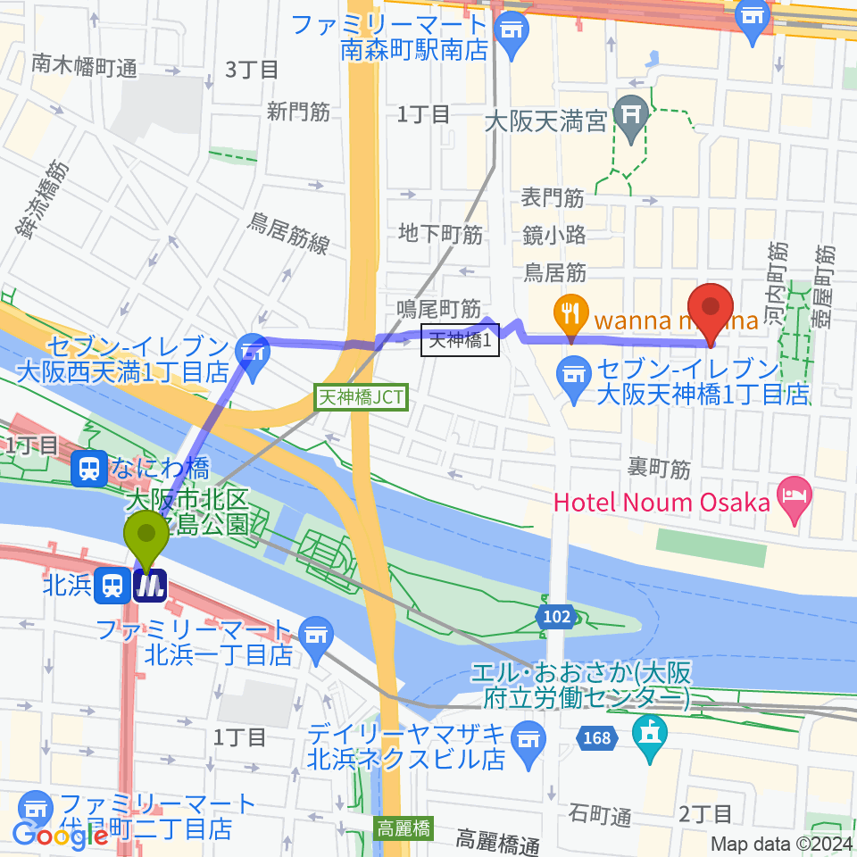 北浜駅からアトリエやまぐちへのルートマップ地図