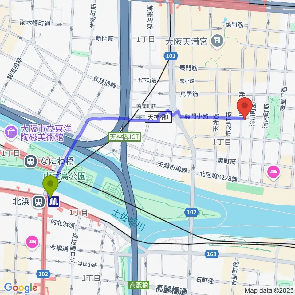 北浜駅からアトリエやまぐちへのルートマップ地図