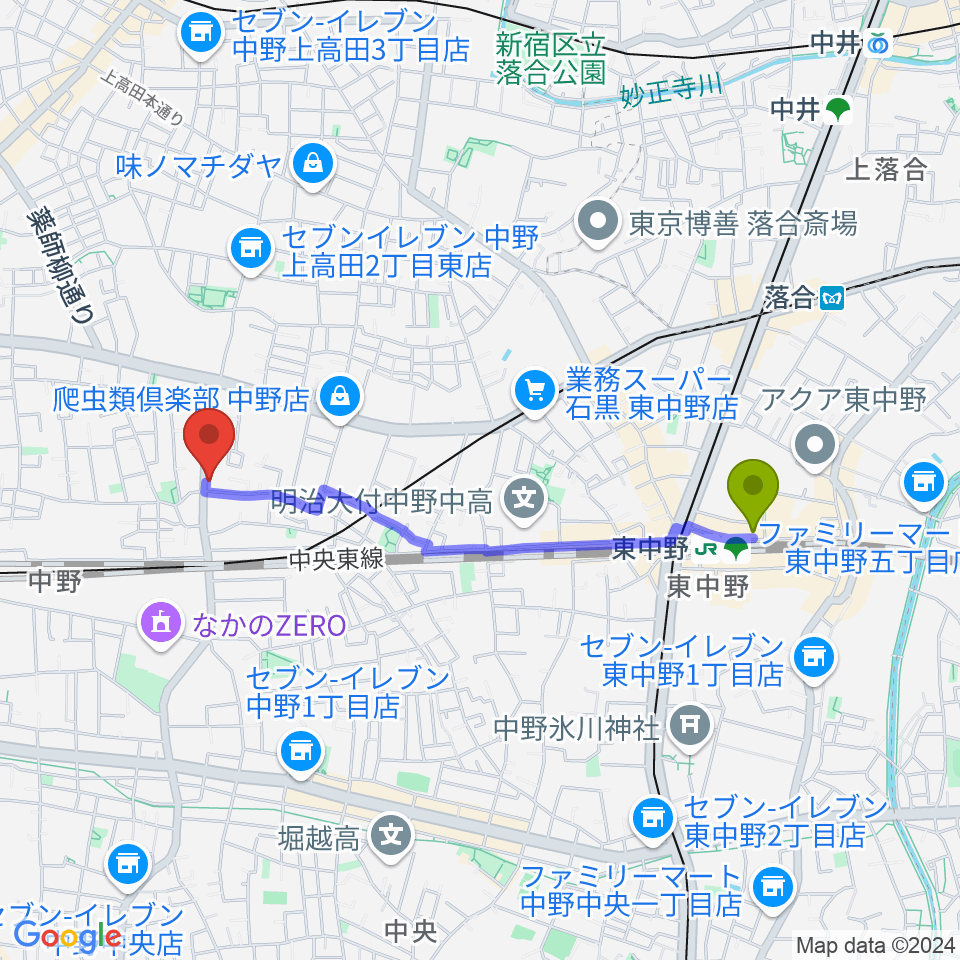 東中野駅からリペアショップPINEへのルートマップ地図